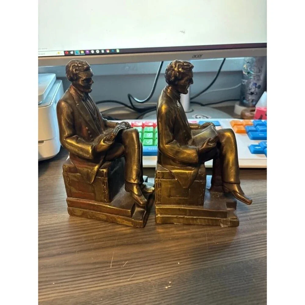 1920s Antique Large Bronze Clad Lincoln Bust Art Statue Sculpture Bookends